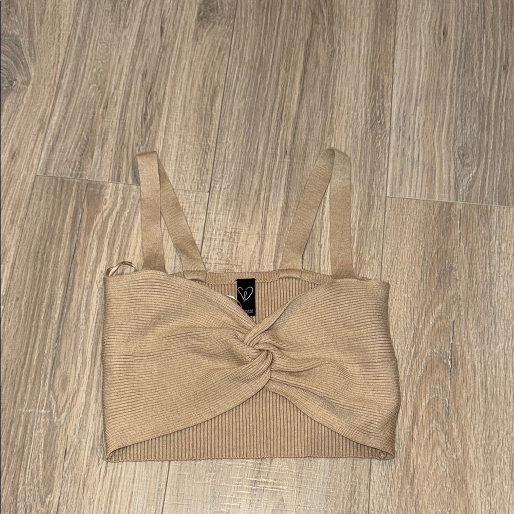 Beige Knotted Ribbed Crop Top